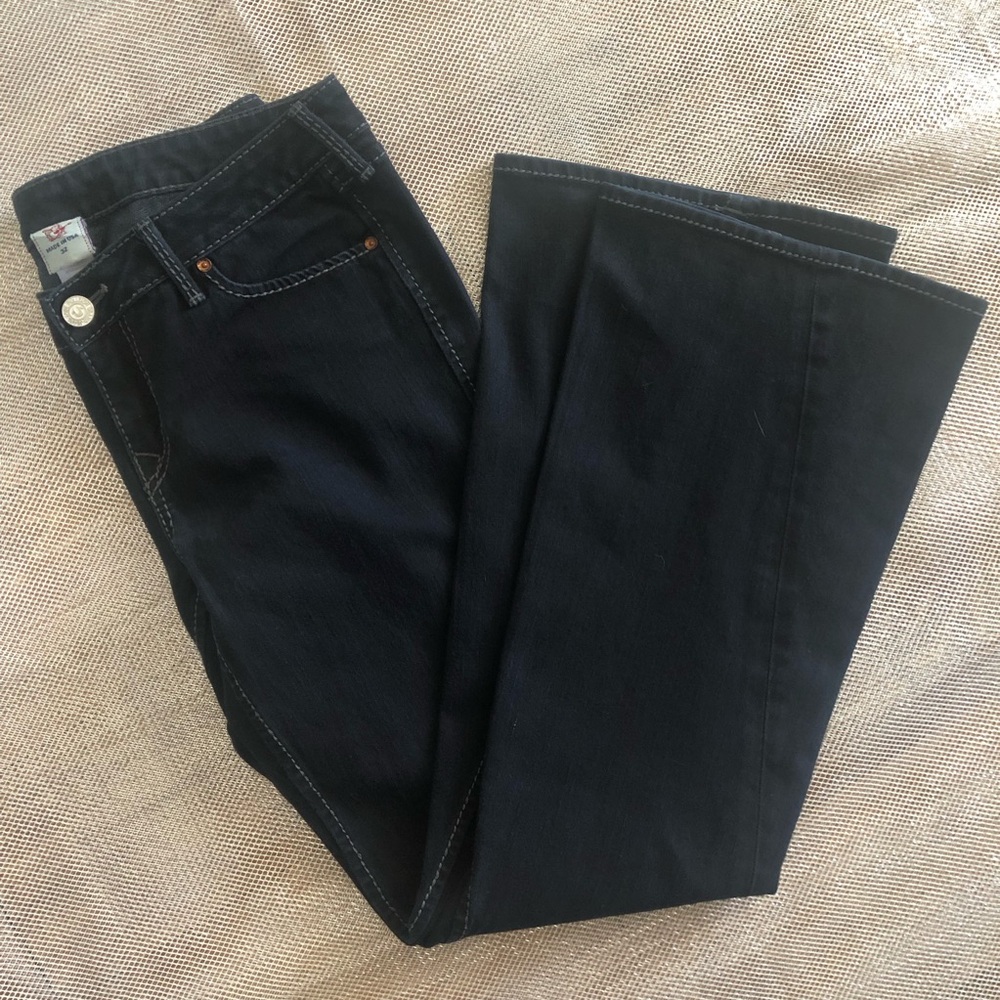 True Religion Black Flare Jeans with Gray Stitching size 32 Free Shipping